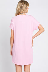 Light Pink Ribbed Front Pocket Dolman Short Sleeve Dress
