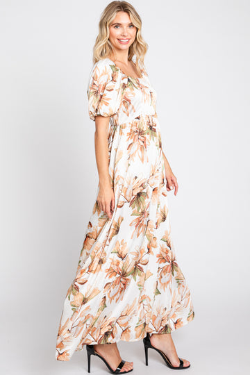 Cream Floral Satin Puff Sleeve Maxi Dress