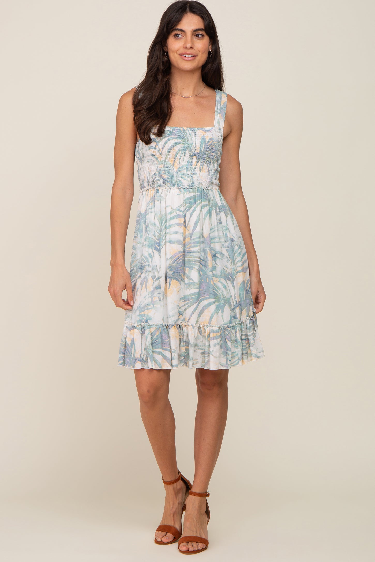 Mint Green Leaf Print Smocked Dress PinkBlush Mint Green Leaf Print Smocked Dress PinkBlush