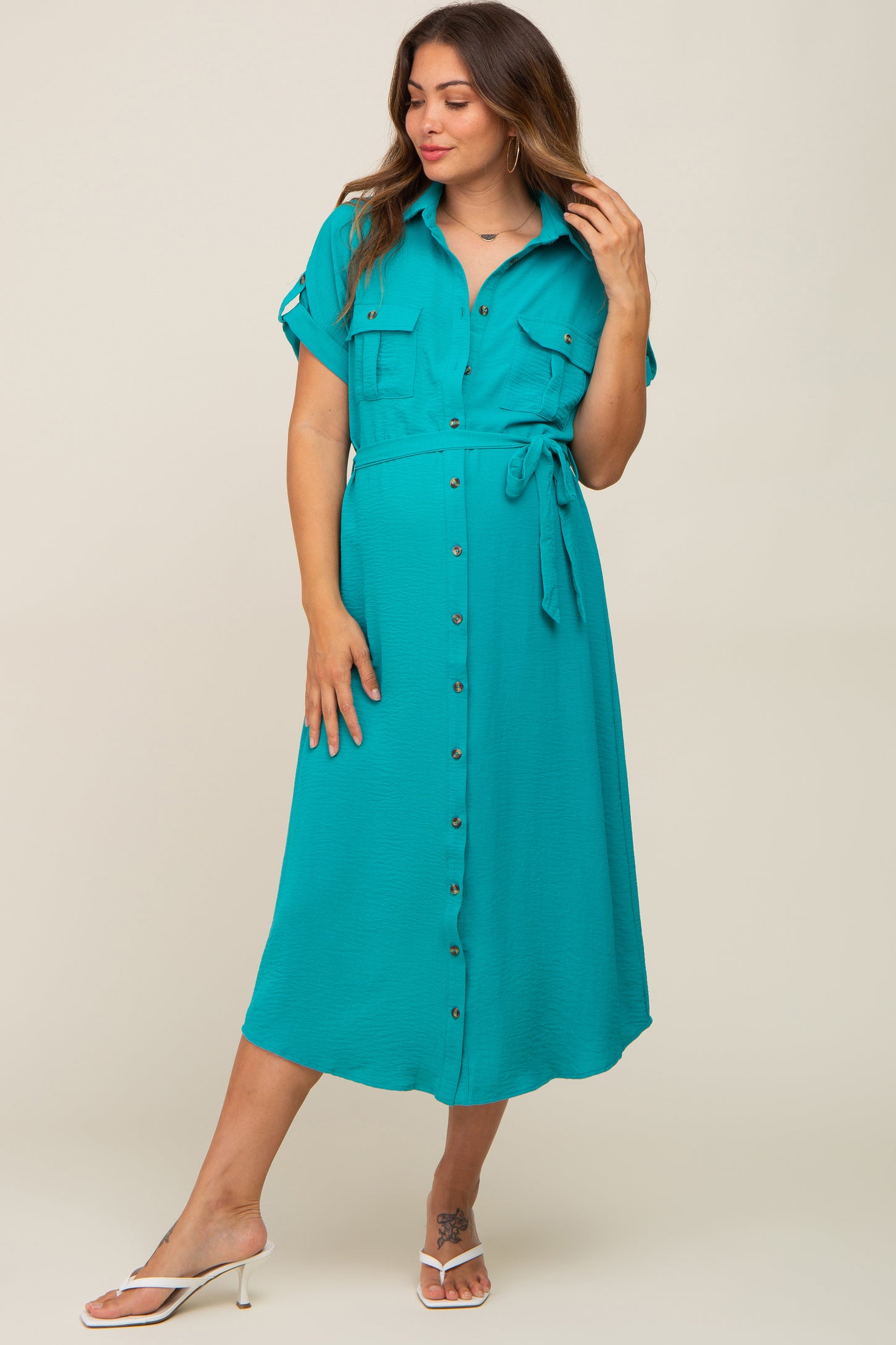 Emerald Green Button Up Front Pocket Maternity Midi Dress PinkBlush Emerald Green Button Up Front Pocket Maternity Midi Dress PinkBlush