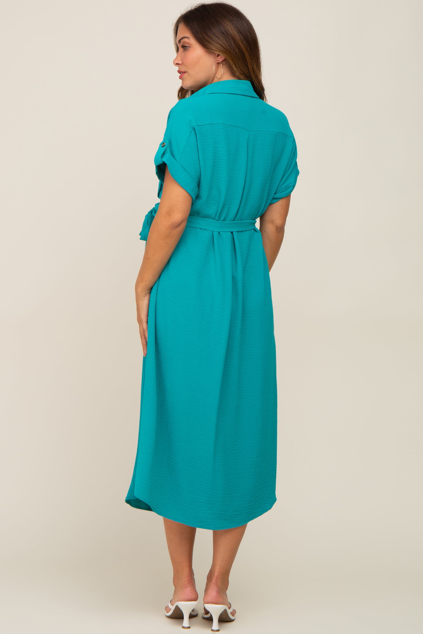Emerald Green Button Up Front Pocket Maternity Midi Dress PinkBlush Emerald Green Button Up Front Pocket Maternity Midi Dress PinkBlush