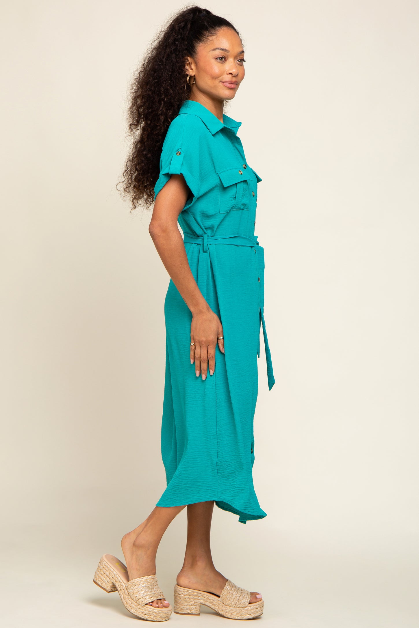 emerald green midi dress Emerald Green Button Up Front Pocket Midi Dress – PinkBlush
