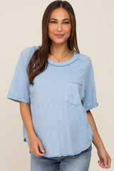Light Blue Front Pocket Raw Edge Trim Short Sleeve Maternity Top
