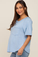 Light Blue Front Pocket Raw Edge Trim Short Sleeve Maternity Top