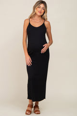 Black Ribbed Sleeveless Maternity Maxi Dress