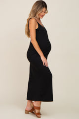 Black Ribbed Sleeveless Maternity Maxi Dress
