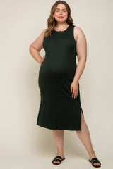 Forest Green Basic Ribbed Side Slit Maternity Plus Midi Dress