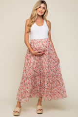 Pink Smocked Waist Tiered Maternity Maxi Skirt