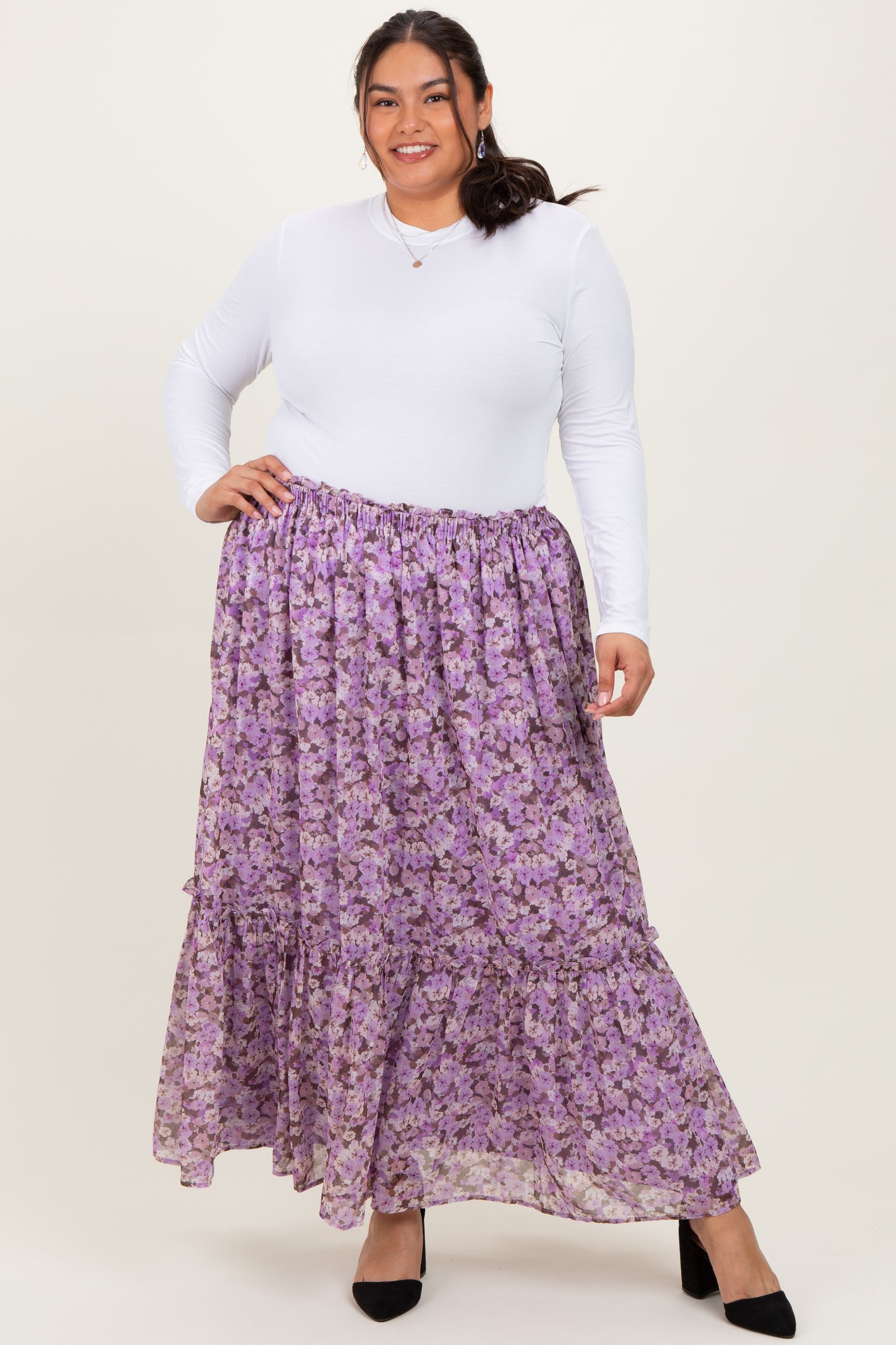 Lavender Smocked Waist Tiered Plus Maxi Skirt