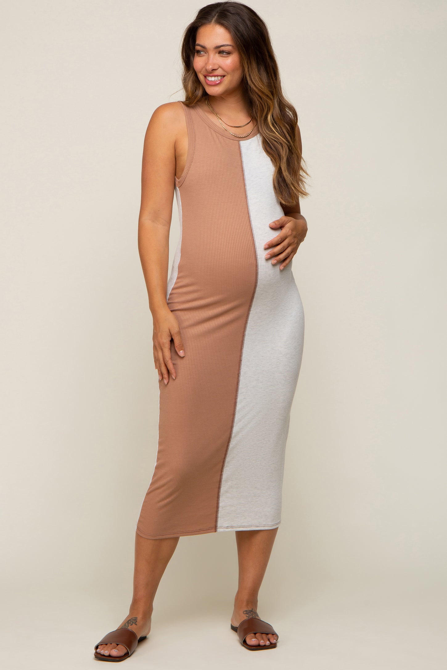 Camel Ribbed Colorblock Maternity Midi Dress
