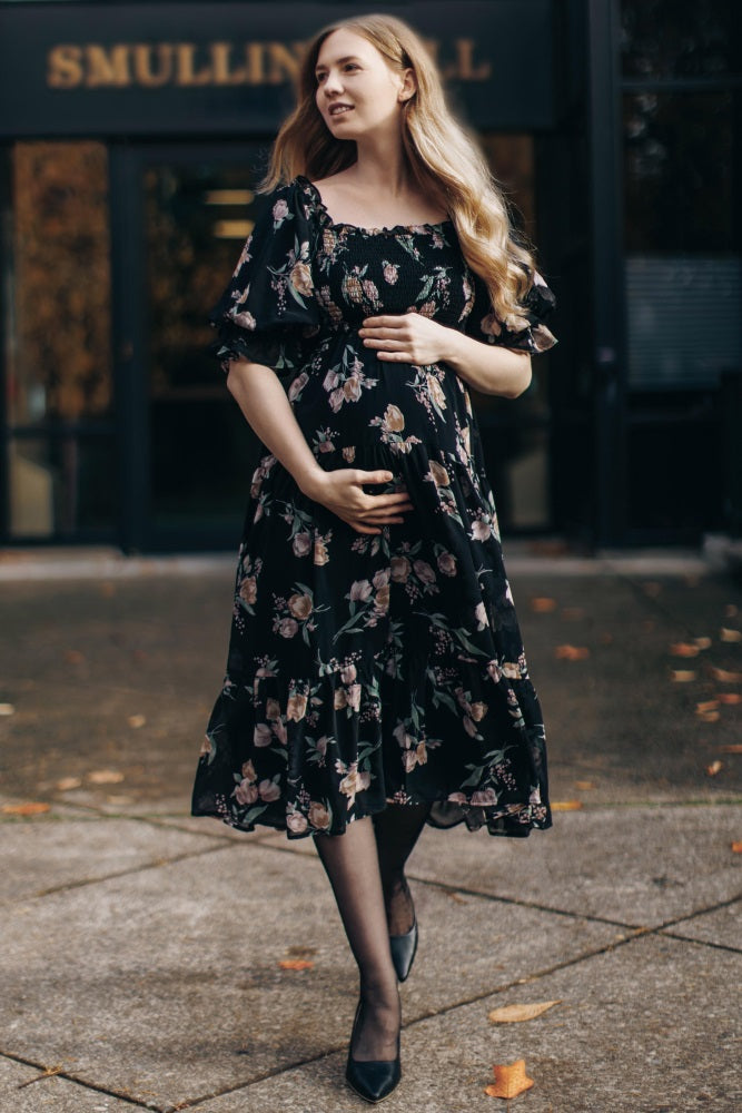 Black Floral Chiffon Ruffle Square Neck Smocked Maternity Midi Dress PinkBlush Black Floral Chiffon Ruffle Square Neck Smocked Maternity Midi Dress PinkBlush