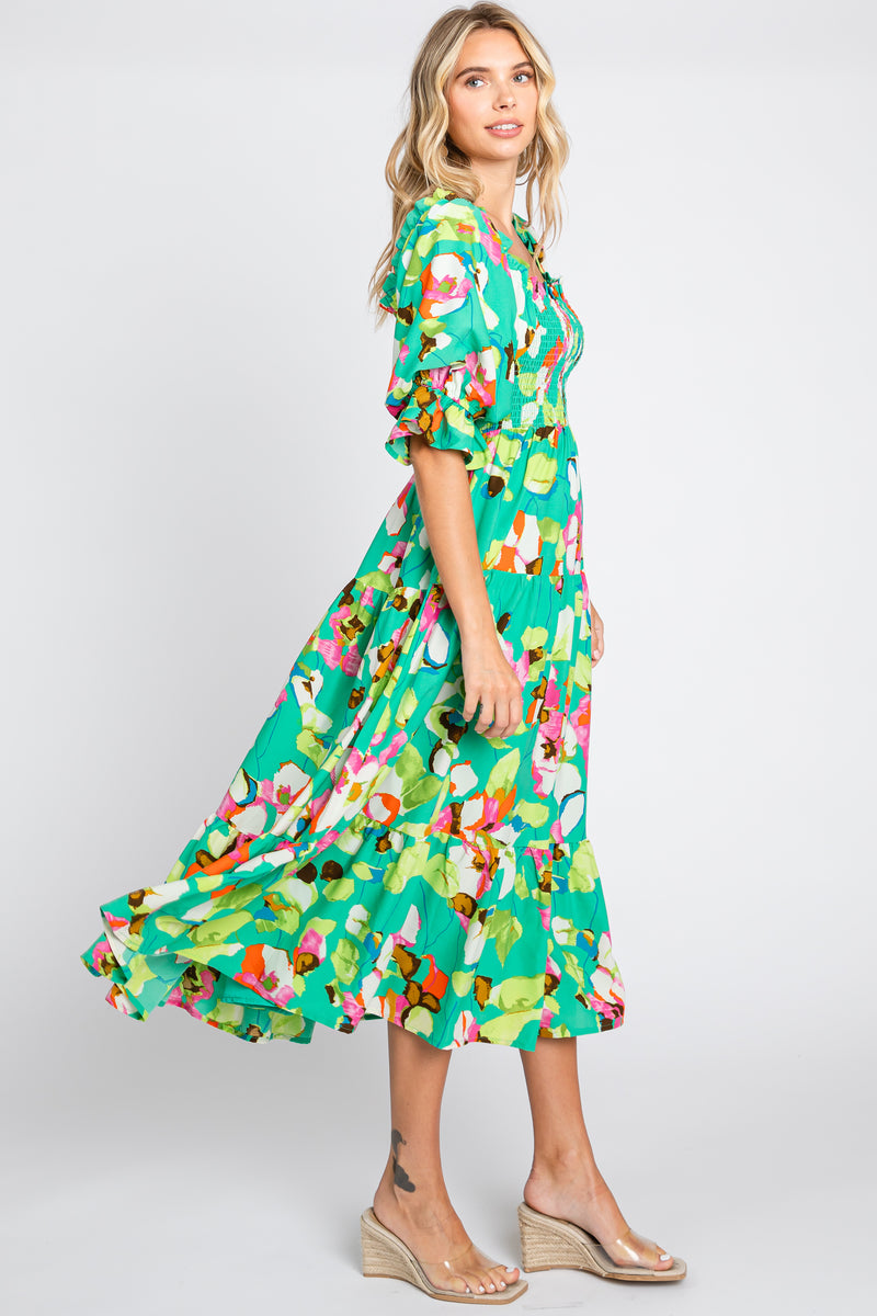 GREEN VINTAGE FLORAL PUFF SLEEVE MIDI DRESS