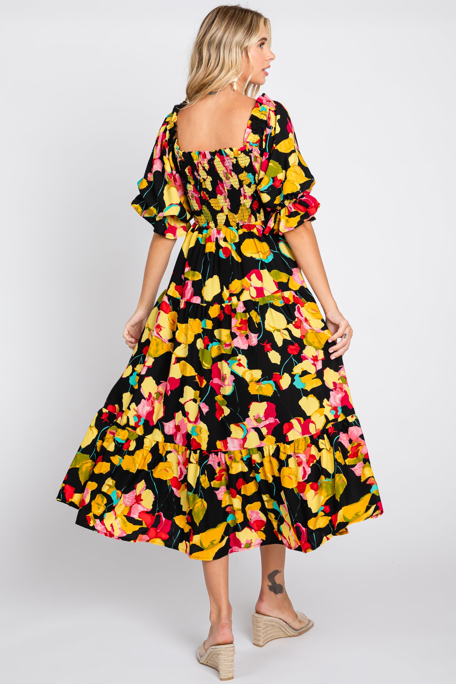Black Floral Puff Sleeve Midi Dress