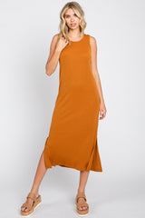 Camel Basic Ribbed Side Slit Maternity Midi Dress