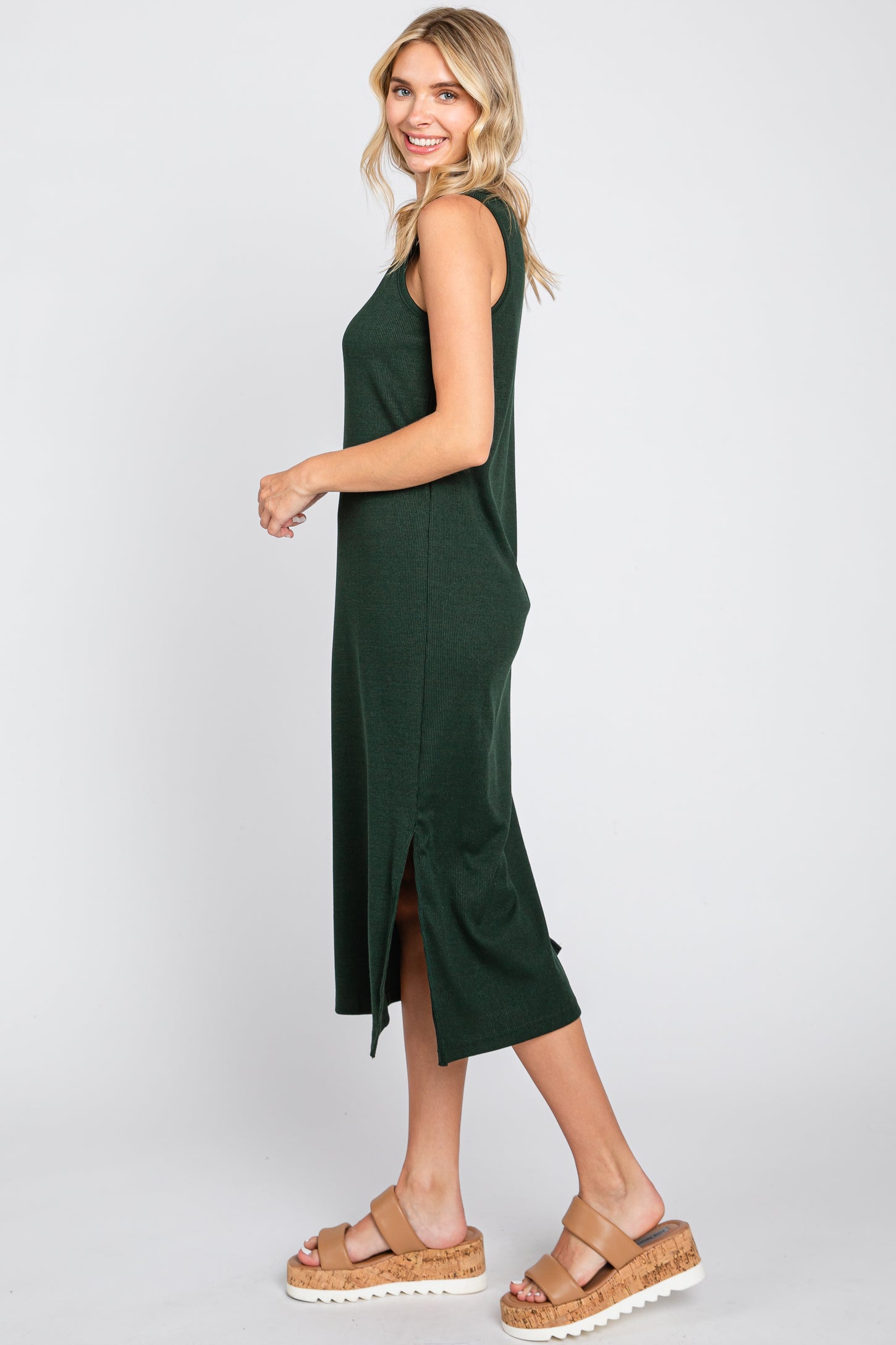 Forest Green Basic Ribbed Side Slit Midi Dress PinkBlush Forest Green Basic Ribbed Side Slit Midi Dress PinkBlush