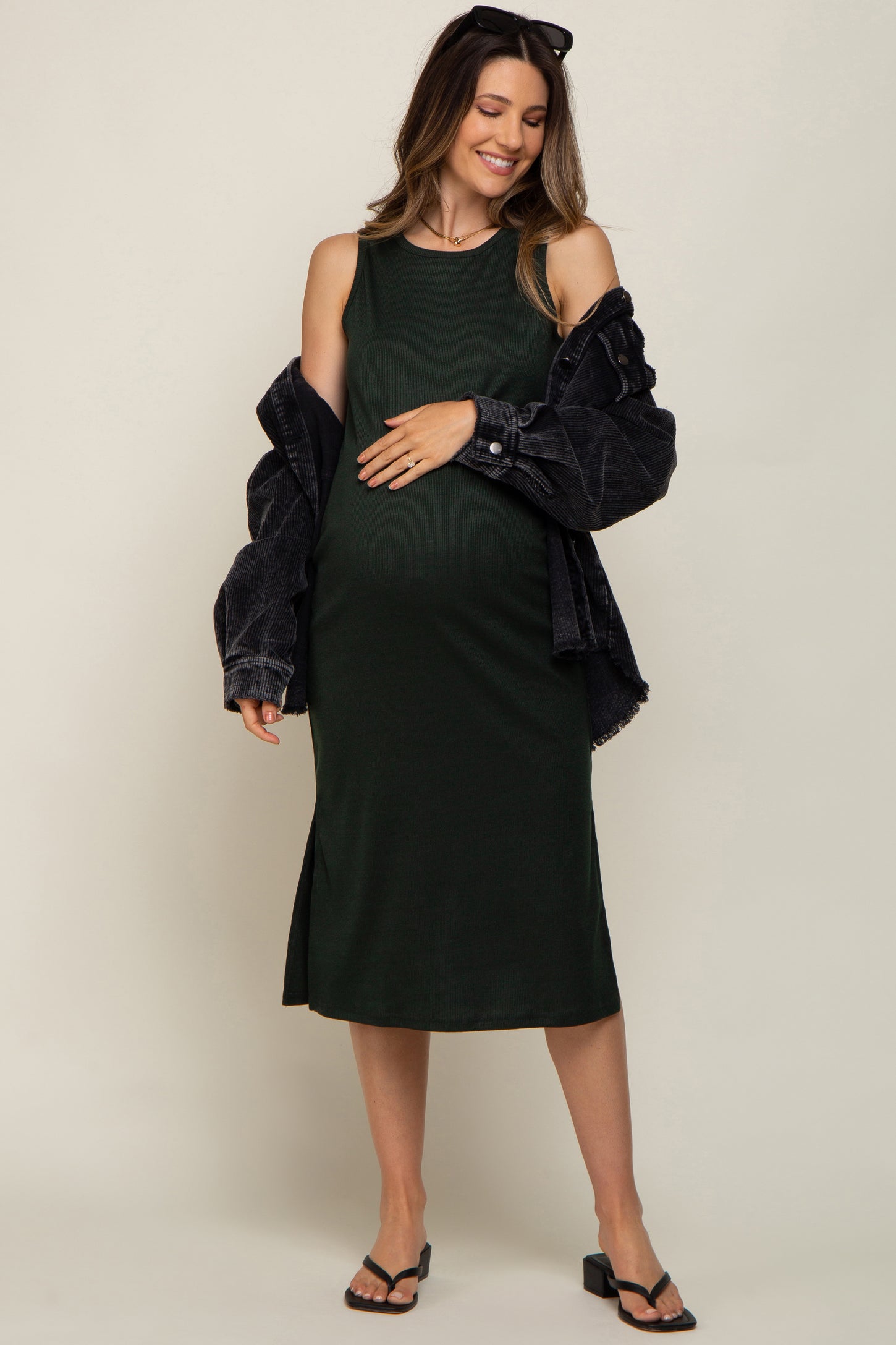 Forest Green Basic Ribbed Side Slit Maternity Midi Dress PinkBlush Forest Green Basic Ribbed Side Slit Maternity Midi Dress PinkBlush