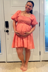 Salmon Square Neck Puff Short Sleeve Maternity Dress
