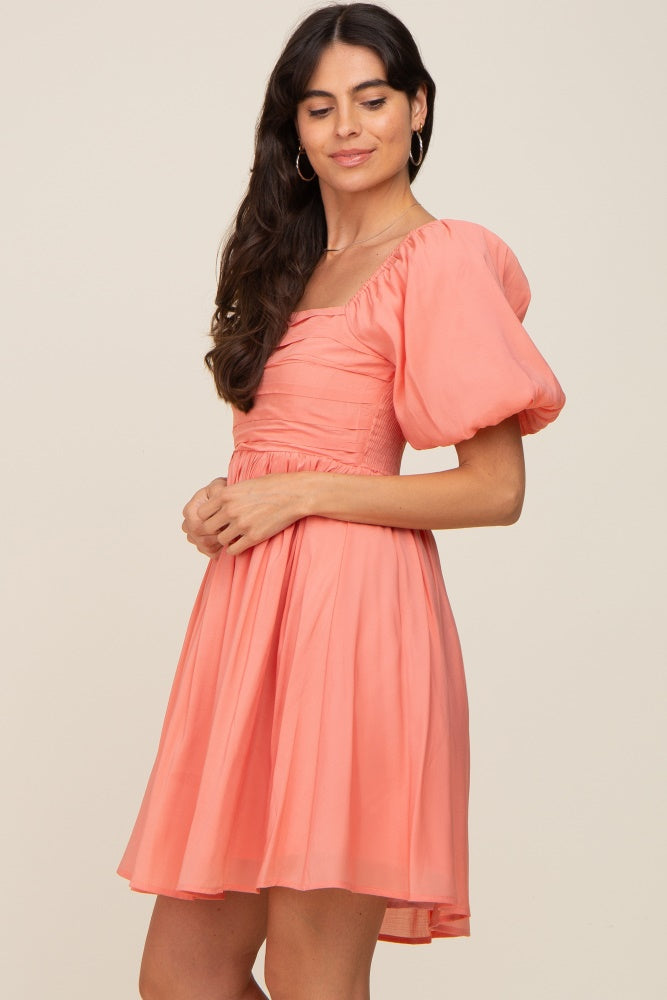 Salmon Square Neck Puff Short Sleeve Dress PinkBlush Salmon Square Neck Puff Short Sleeve Dress PinkBlush