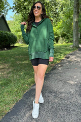 Forest Green Button Front Ribbed Trim Hooded Sweatshirt