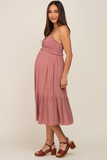 Mauve Smocked Ruffle Accent Maternity Midi Dress
