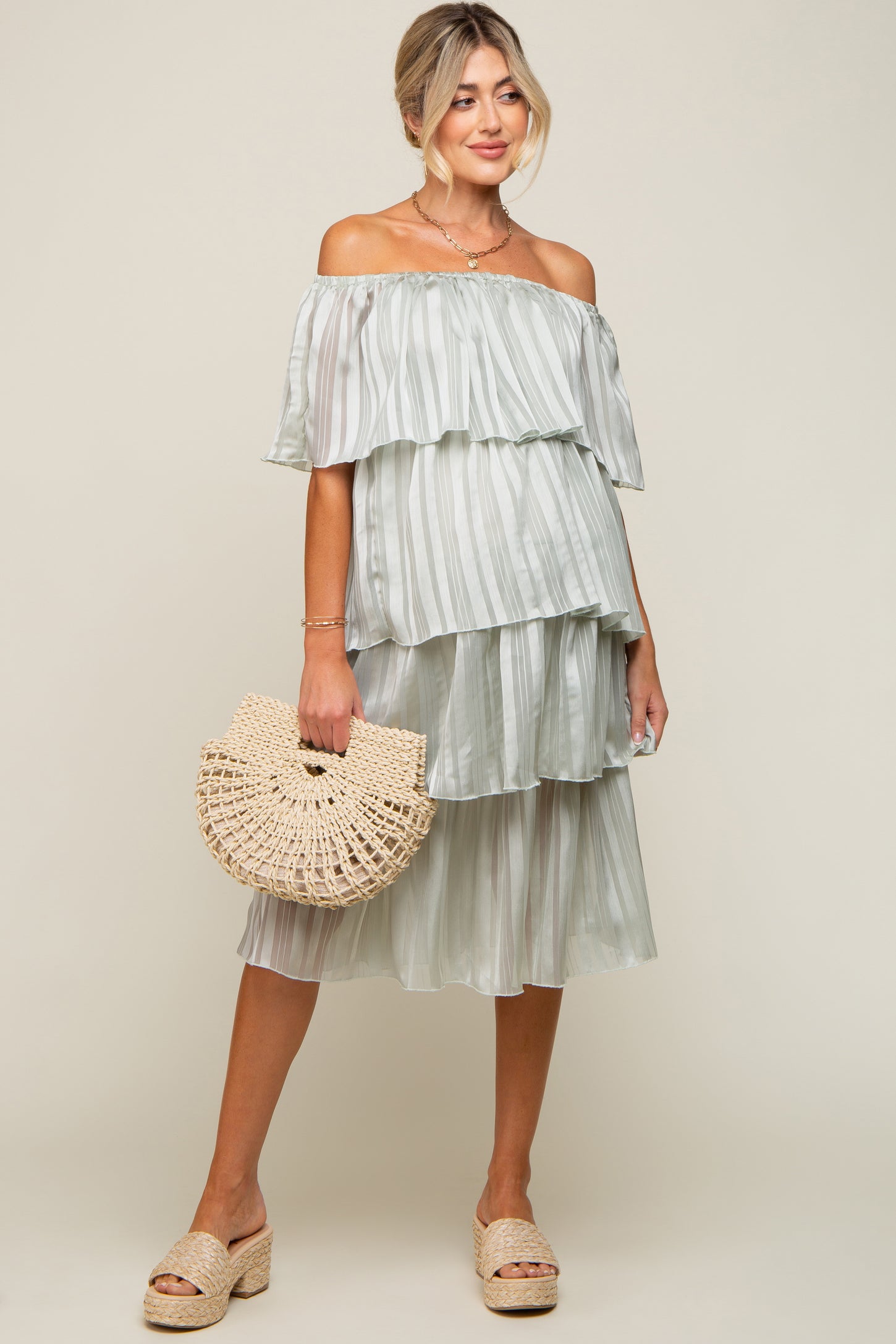 Light Mint Green Striped Layered Maternity Midi Dress – PinkBlush