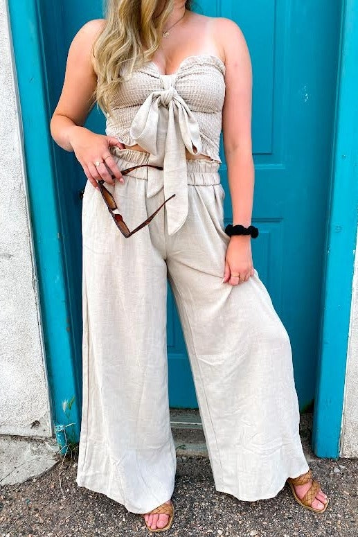 Beige Front Tie Crop Top and Pant Set
