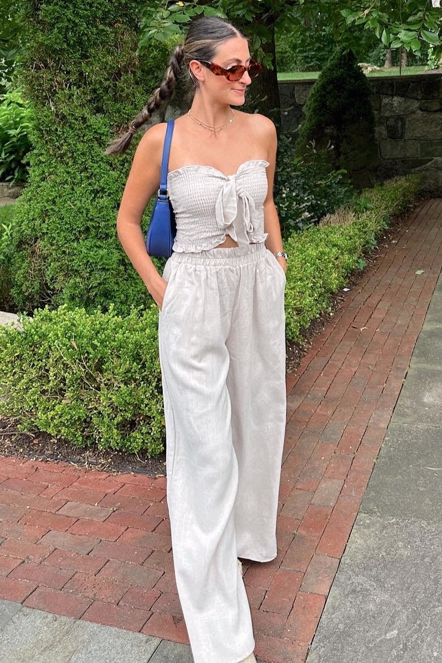 Beige Front Tie Crop Top and Pant Set