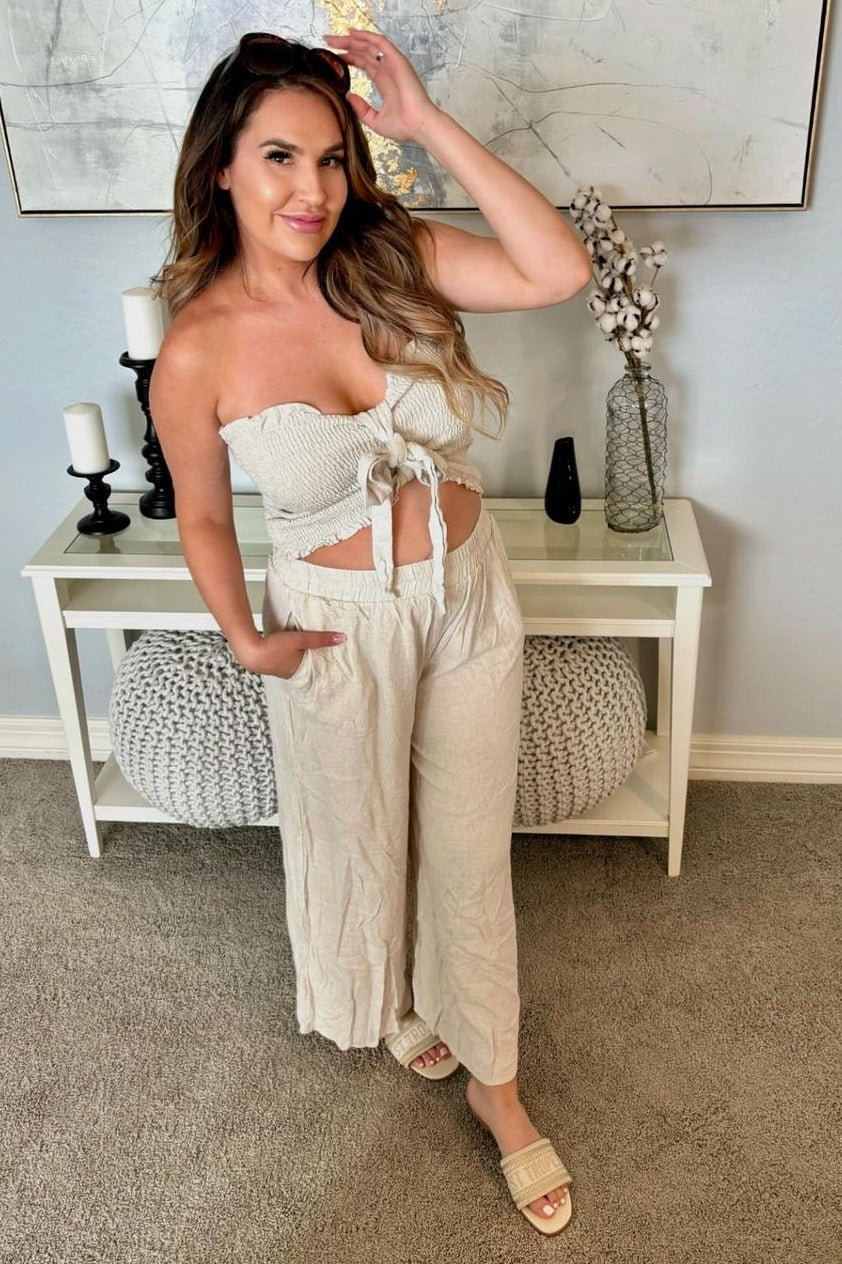 Beige Front Tie Crop Top and Pant Maternity Set