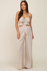 Beige Front Tie Crop Top and Pant Maternity Set