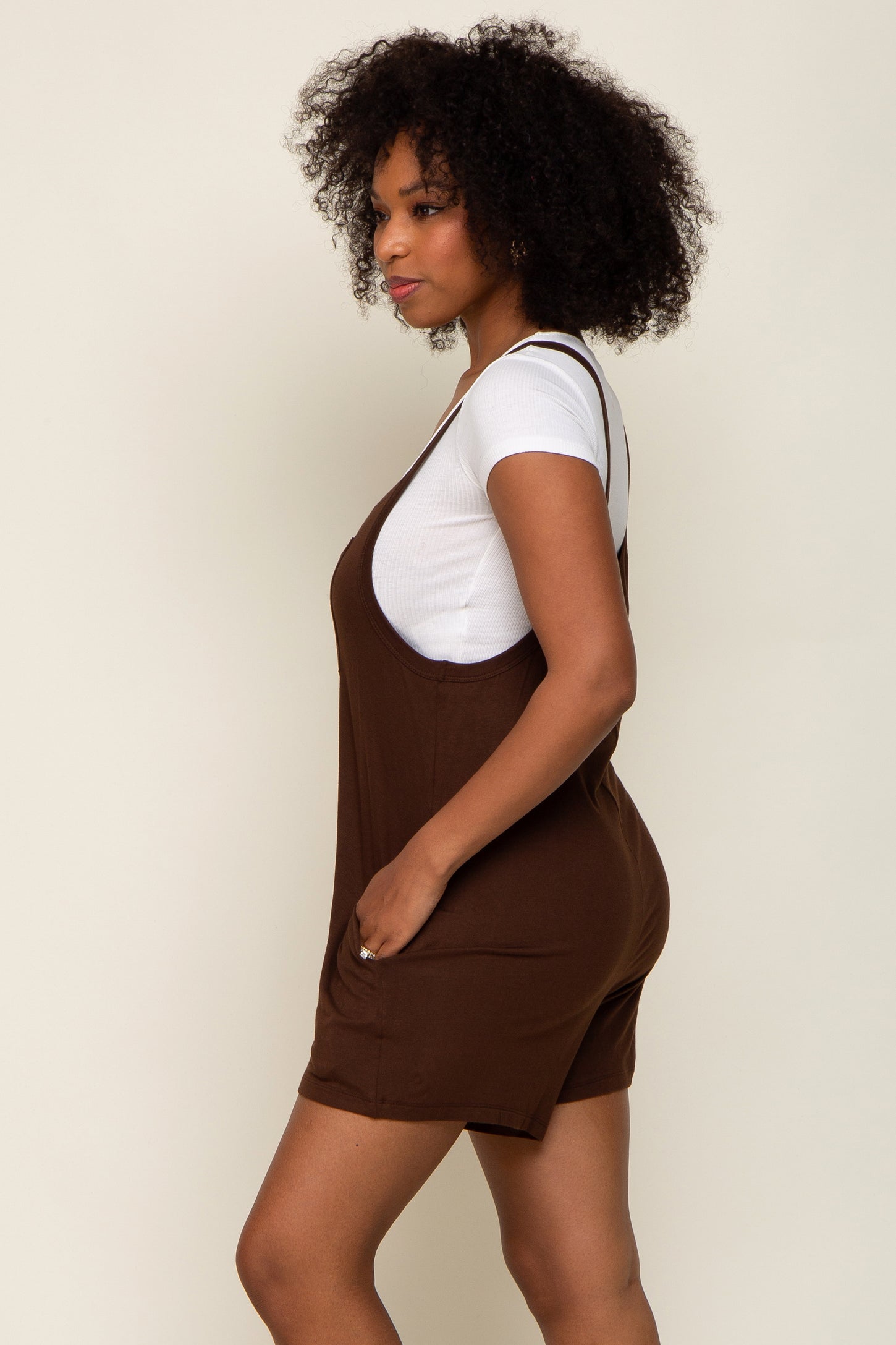 Mocha Front Pocket Overall Knit Romper