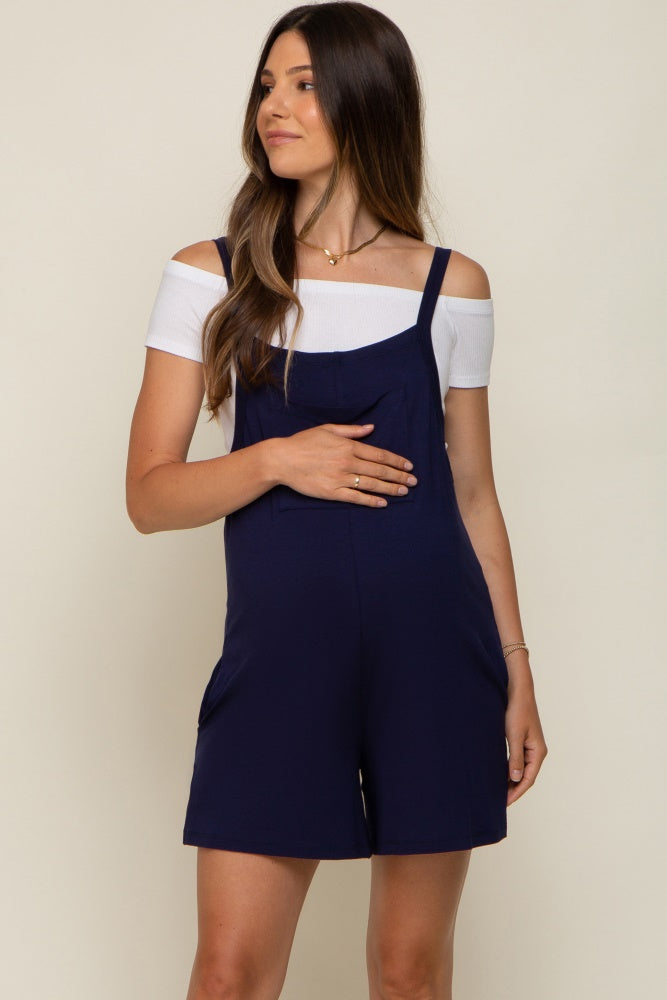 Navy Blue Front Pocket Overall Knit Maternity Romper Large Navy Blue Front Pocket Overall Knit Maternity Romper Large