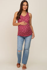 Mauve Floral Ribbed Sleeveless Maternity Top