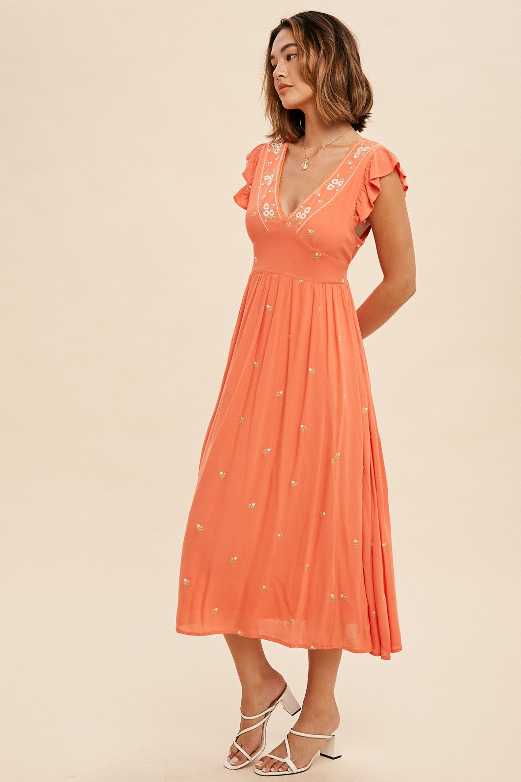 Coral Floral Embroidered V Neck Midi Dress PinkBlush Coral Floral Embroidered V Neck Midi Dress PinkBlush