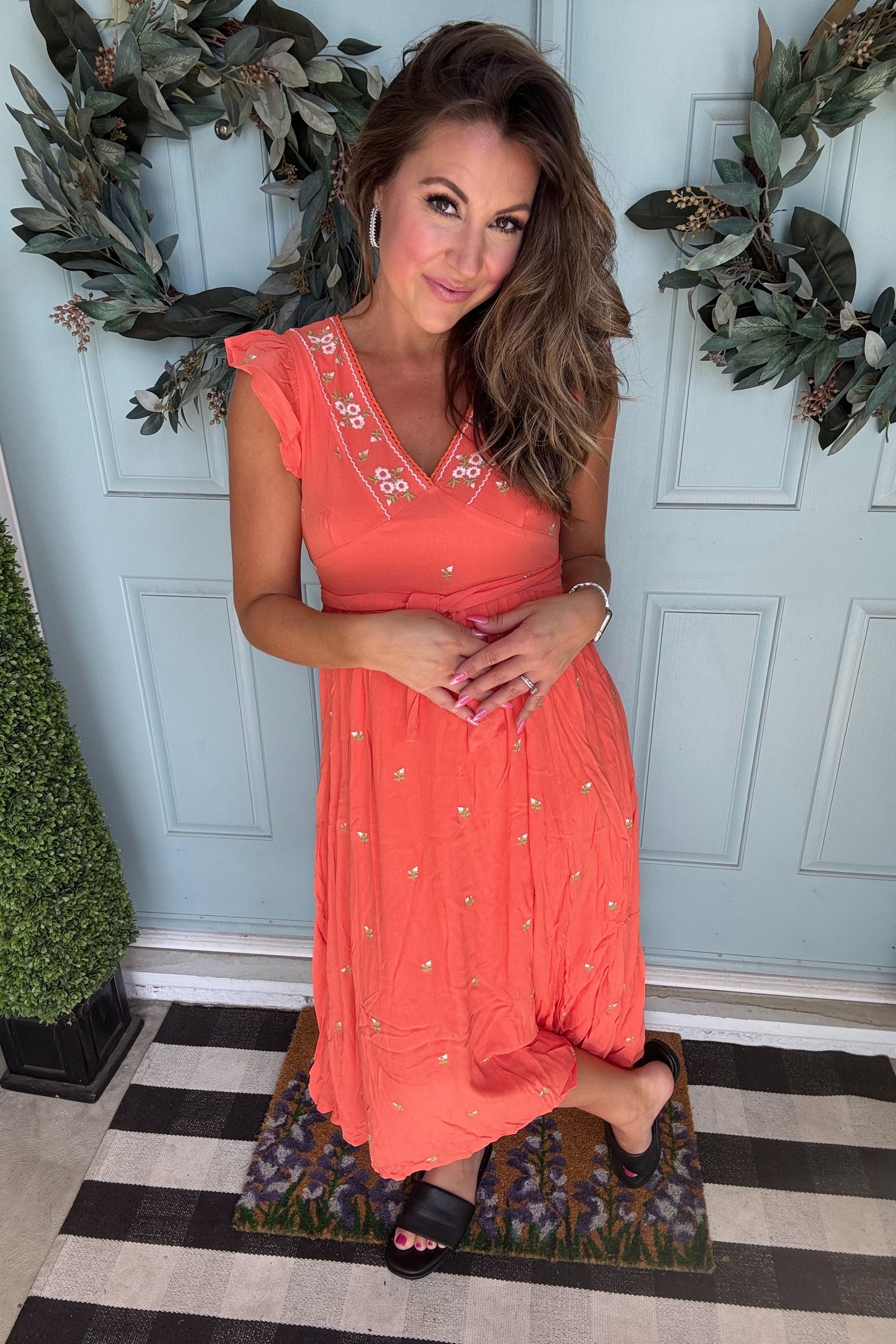coral embroidered dress Embroidered linen dress