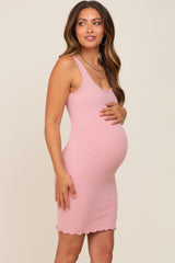 Pink Ribbed Sleeveless Lettuce Hem Maternity Dress
