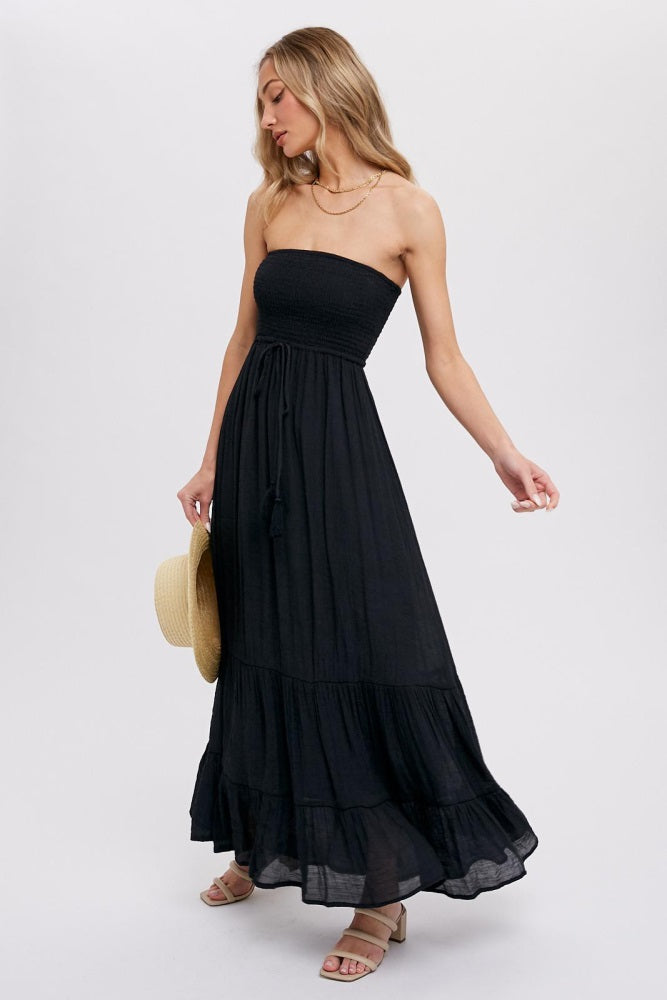 Black Smocked Strapless Front Tie Maxi Dress