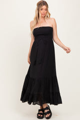 Black Smocked Strapless Front Tie Maternity Maxi Dress