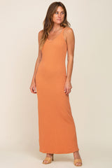 Orange Sleeveless Ribbed Maternity Maxi Dress