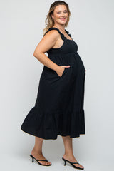 Black Ruffle Strap Back Tie Maternity Plus Midi Dress