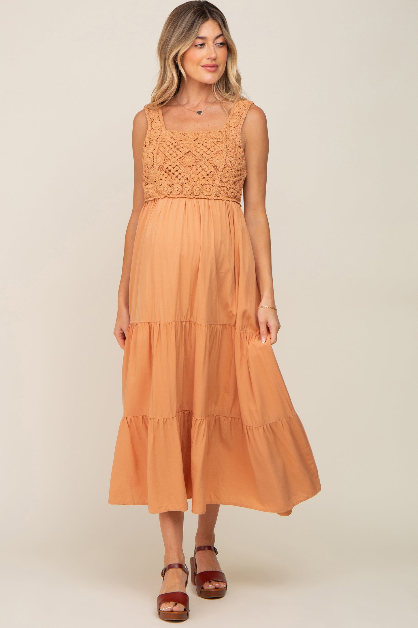 Peach Crochet Tiered Maternity Midi Dress