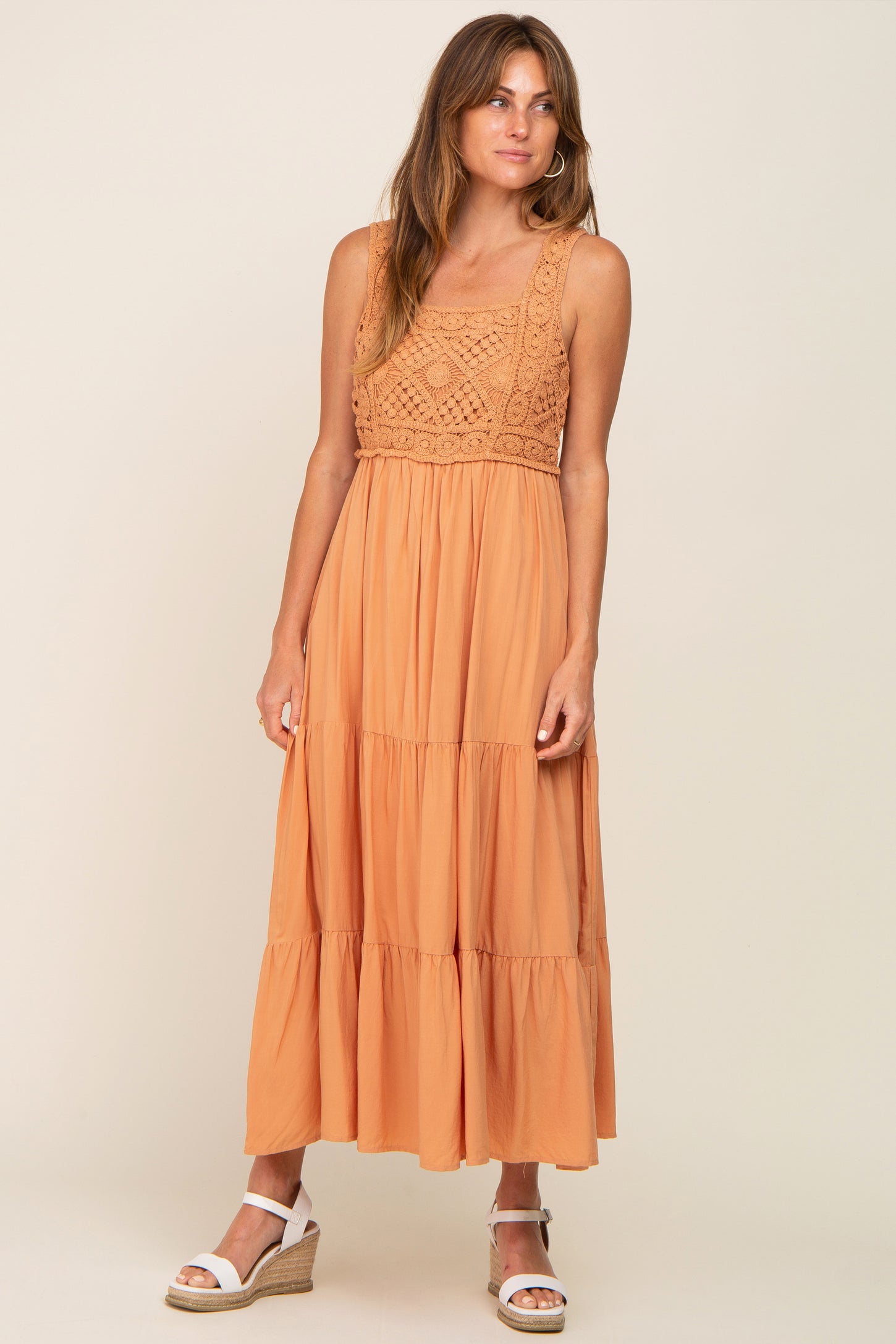 Peach Crochet Tiered Maternity Midi Dress – PinkBlush