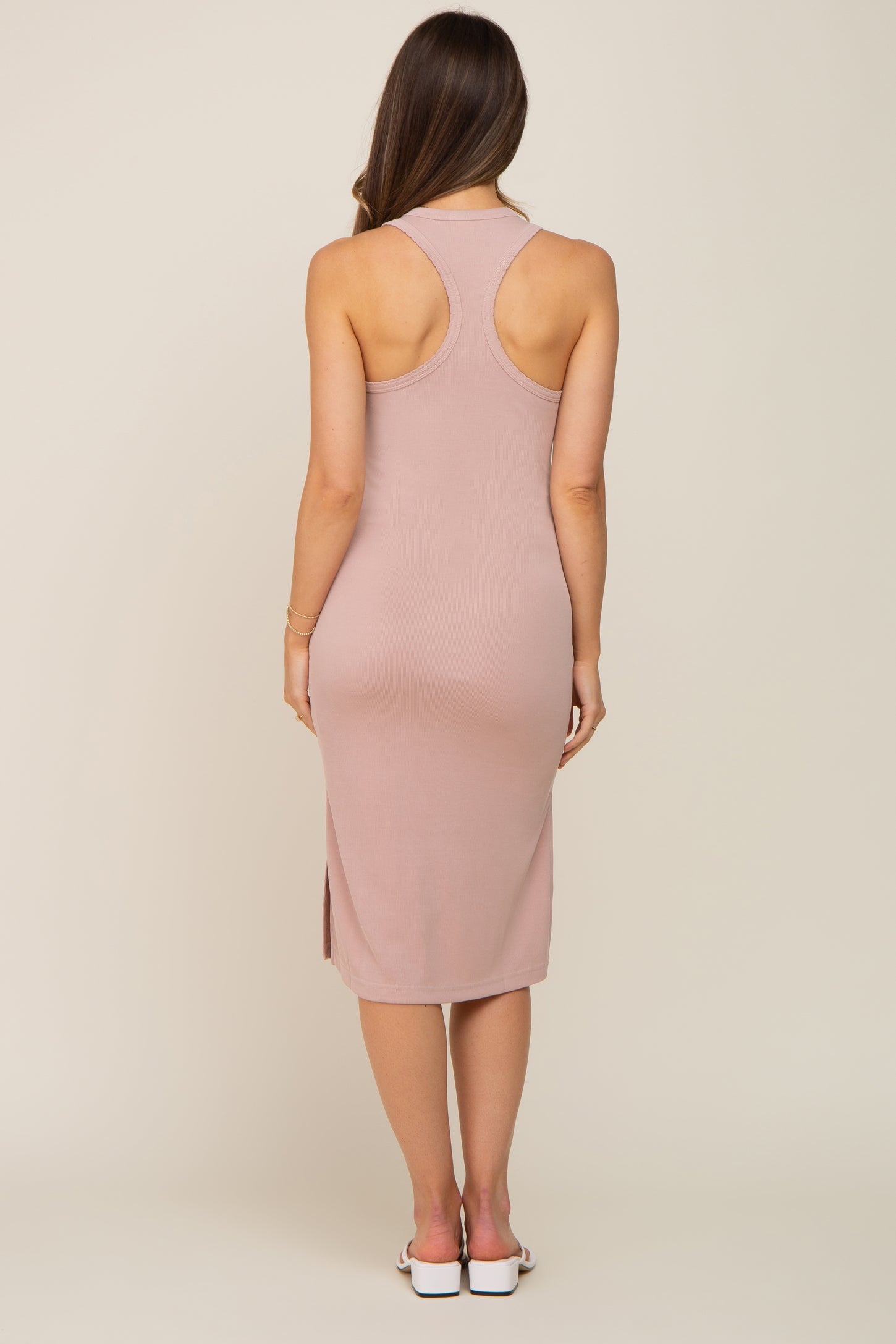 Mauve Ribbed Side Slit Maternity Midi Dress