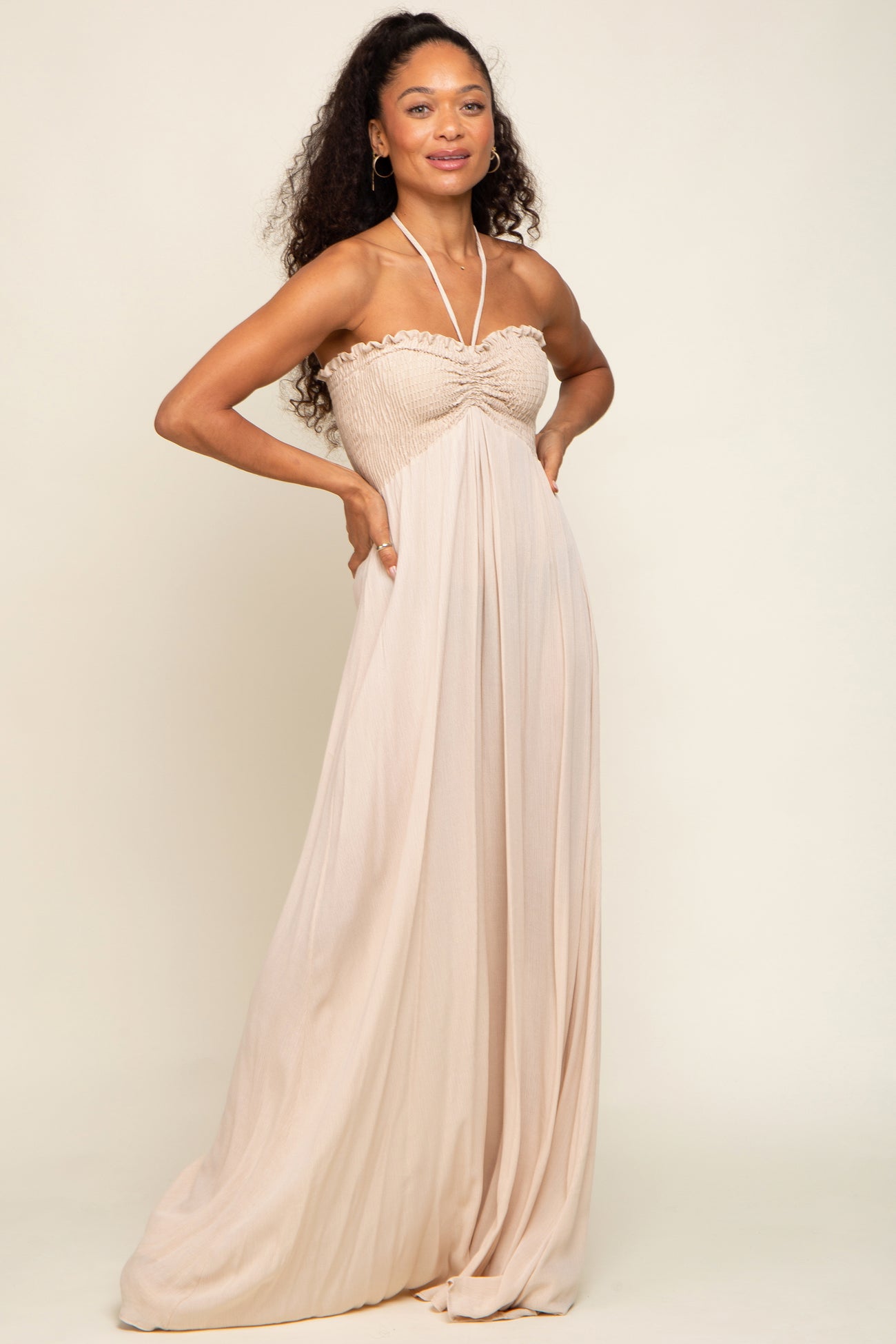 PinkBlush Beige Smocked Halter Maternity Maxi Dress Medium