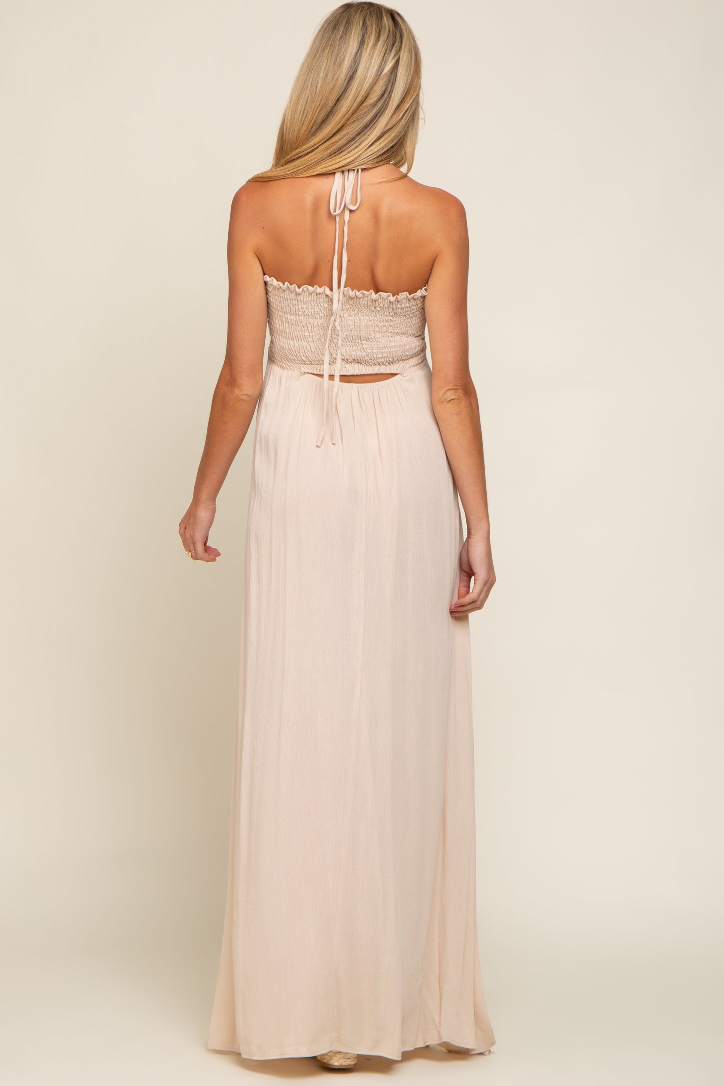 Beige Smocked Halter Maternity Maxi Dress PinkBlush Beige Smocked Halter Maternity Maxi Dress PinkBlush