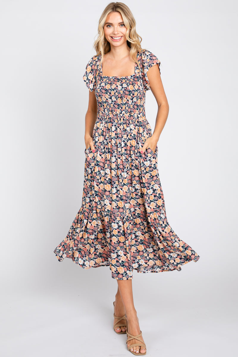 Black Floral Off Shoulder Smocked Midi Dress– PinkBlush