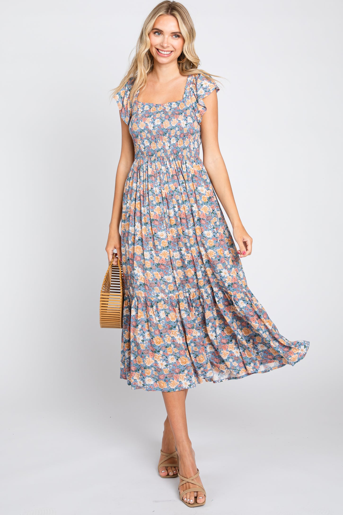 Blue Floral Off Shoulder Smocked Midi Dress