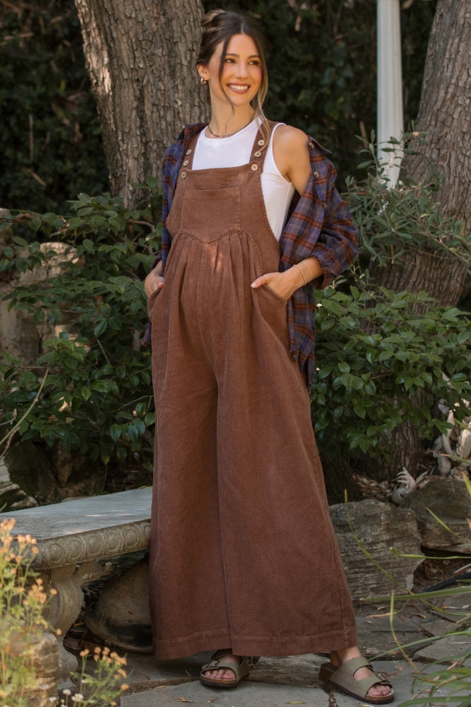Mocha Corduroy Front Pleated Wide Leg Maternity Overalls – PinkBlush