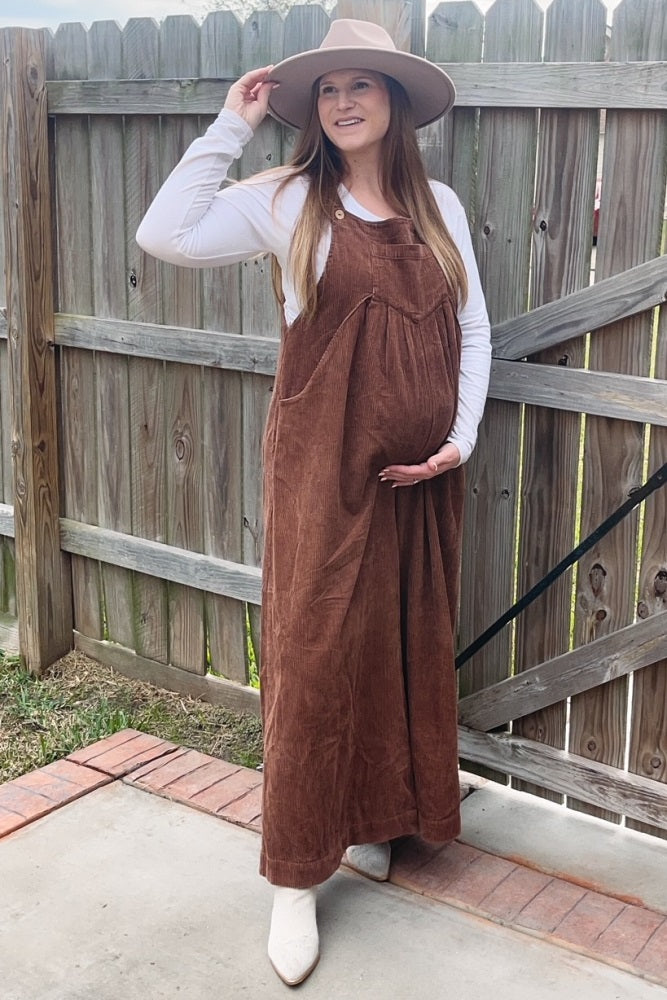 Mocha Corduroy Front Pleated Wide Leg Maternity Overalls – PinkBlush