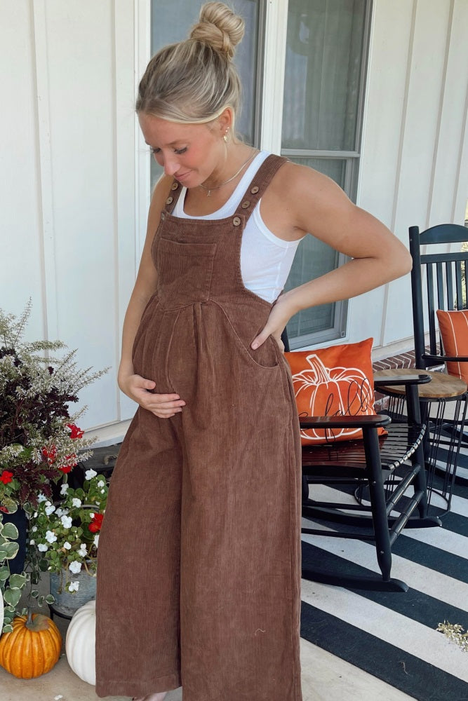 Mocha Corduroy Front Pleated Wide Leg Maternity Overalls – PinkBlush