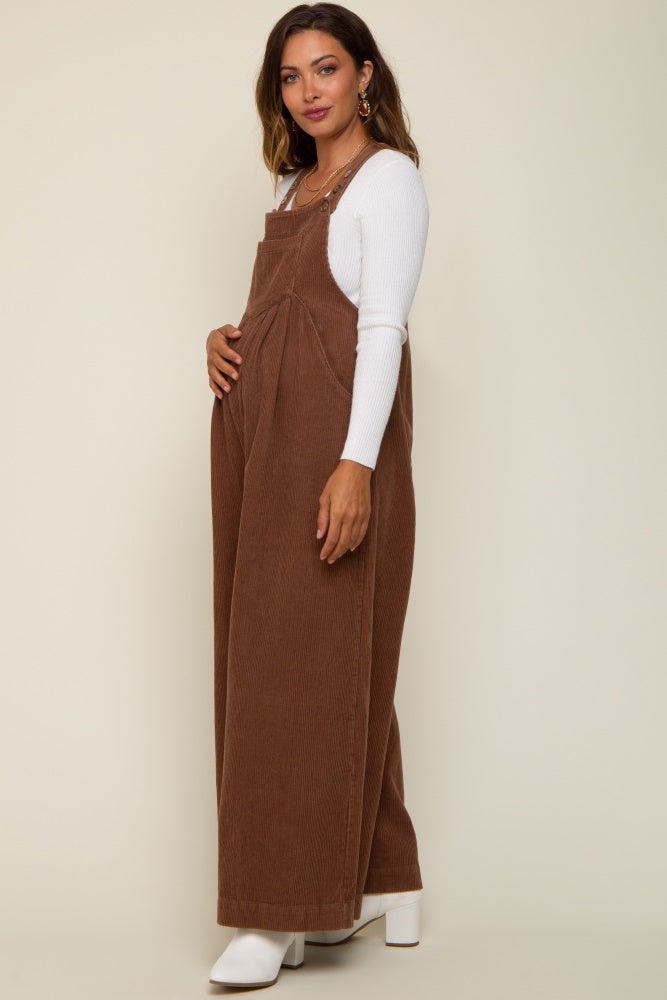 Mocha Corduroy Front Pleated Wide Leg Maternity Overalls – PinkBlush